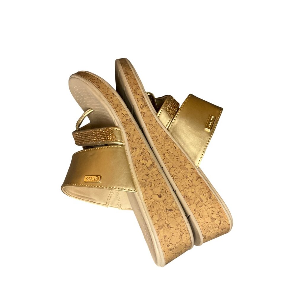 Bzees Bora Bright Womens Gold Wedge Sandals Size 9M With Rhinestone Strap & Cork - Picture 10 of 12